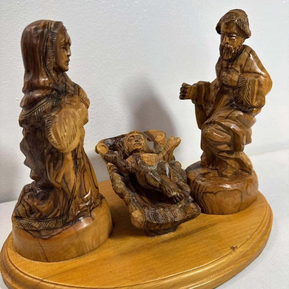 Hand Carved Olive Wood Nativity Scene Holy Family Manger Set on Wooden Base
